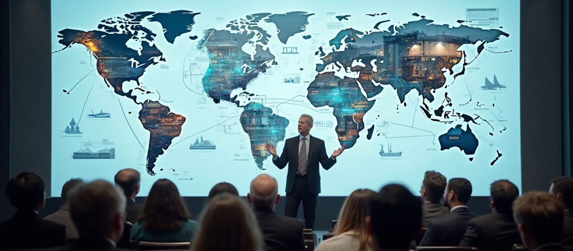 Presenter discussing a world map with an audience at a conference.