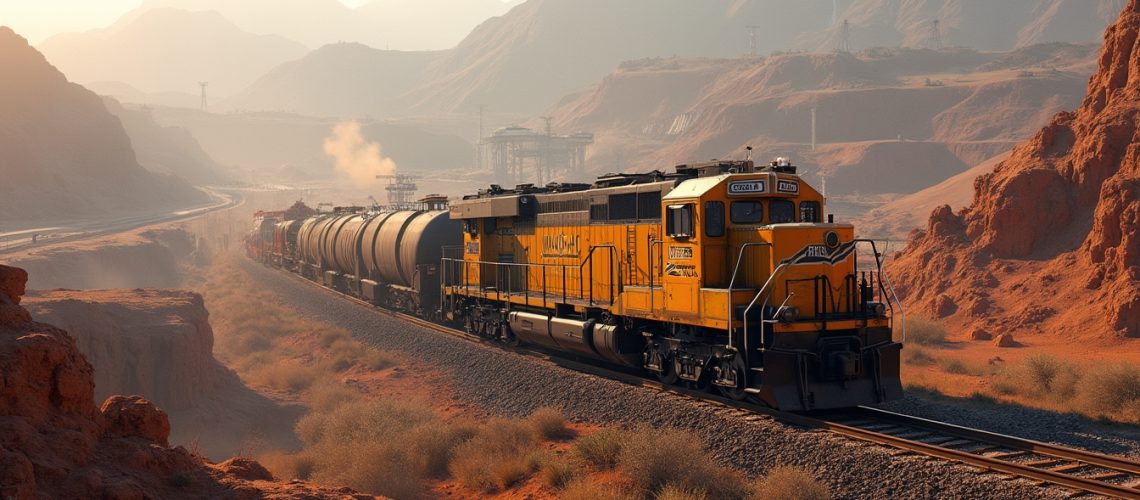 Yellow freight train travels through a rugged desert landscape with mountains in the background.