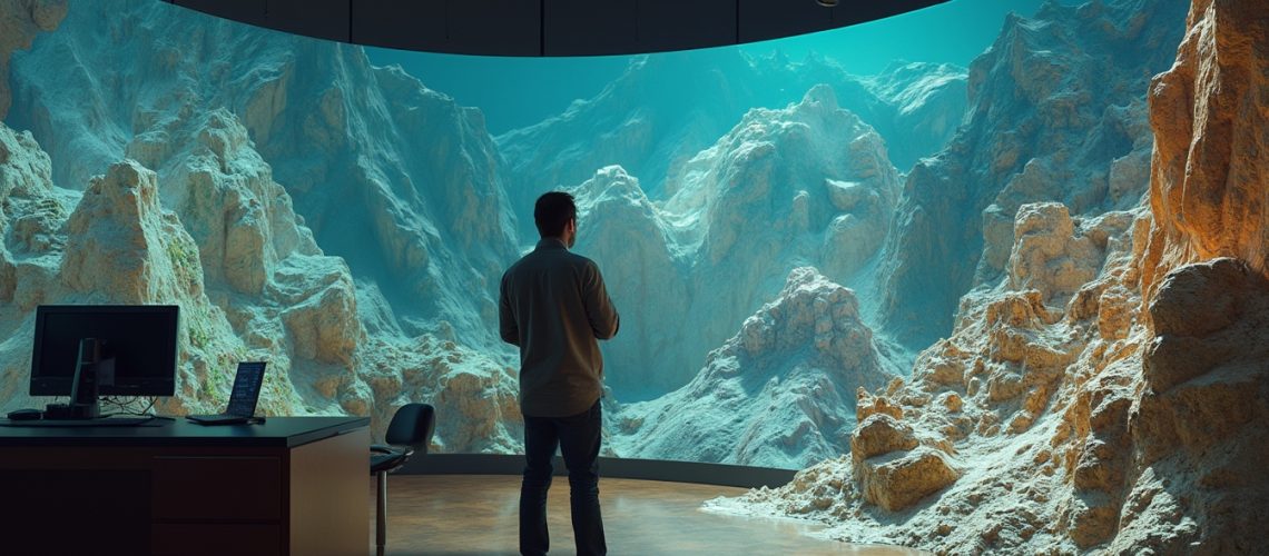 Person observing a 3D landscape display in a modern room with a desk and laptop.