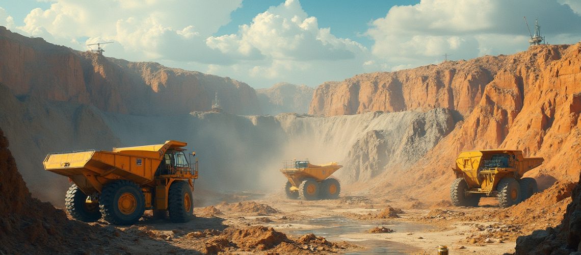 Three large yellow dump trucks in a dusty quarry under a blue sky with fluffy clouds.