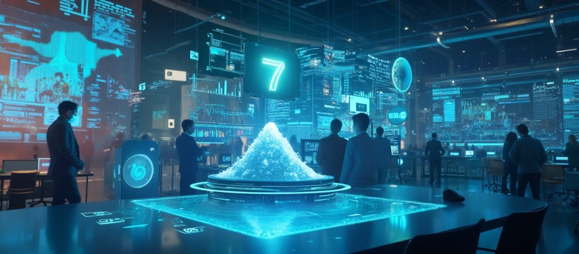 People in a futuristic control room with holographic displays and glowing blue data visuals.