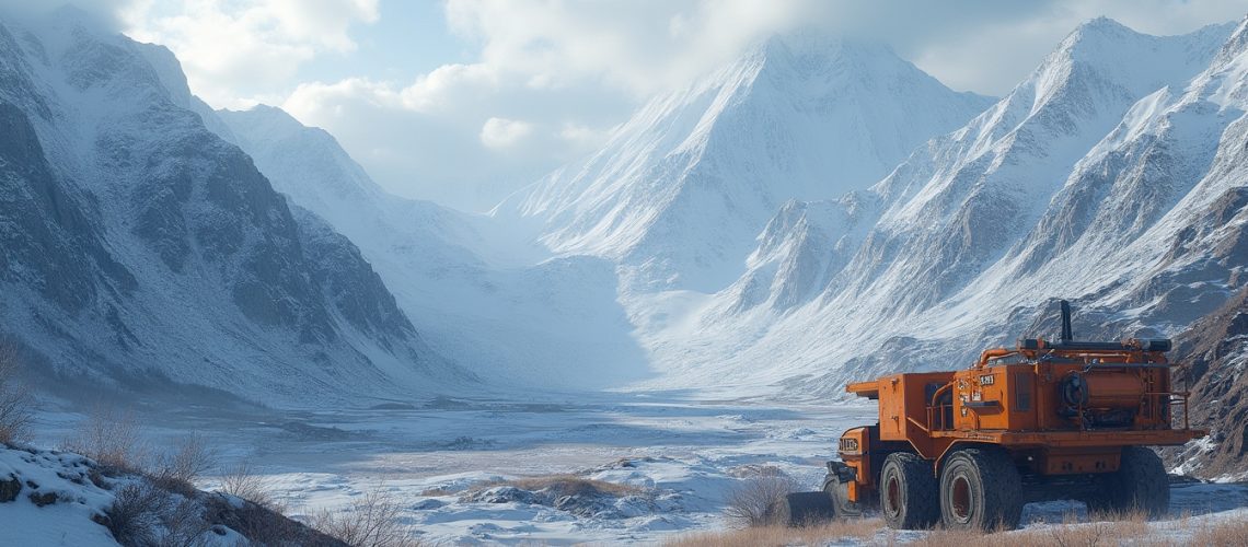 Orange truck in a snowy mountain landscape with cloudy skies and rugged peaks in the background.