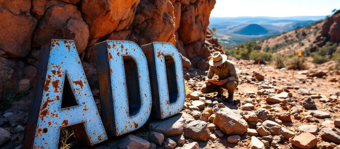 Adavale Resources Ltd-ADD-Rusty metal letters "ADD" near a crouching person in a rocky, desert landscape.