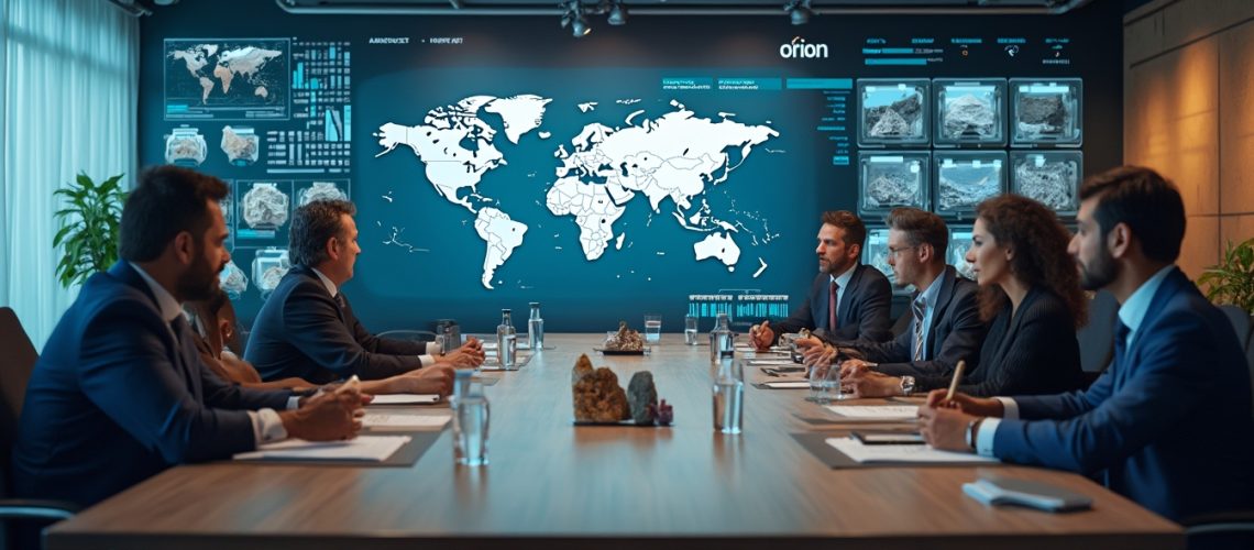 Business meeting with diverse team, discussing world map and data on large screen in modern boardroom.