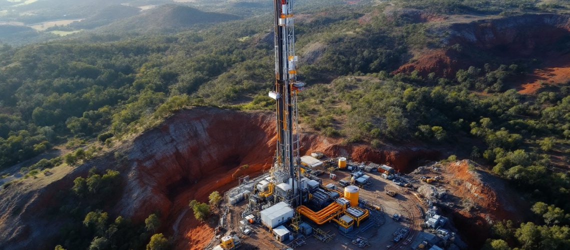 Advance Metals Ltd-AVM-Oil drilling rig amid a lush green landscape with hills in the background.