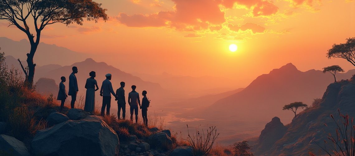 Silhouetted people on a hill admire a vivid sunset over a mountainous landscape.