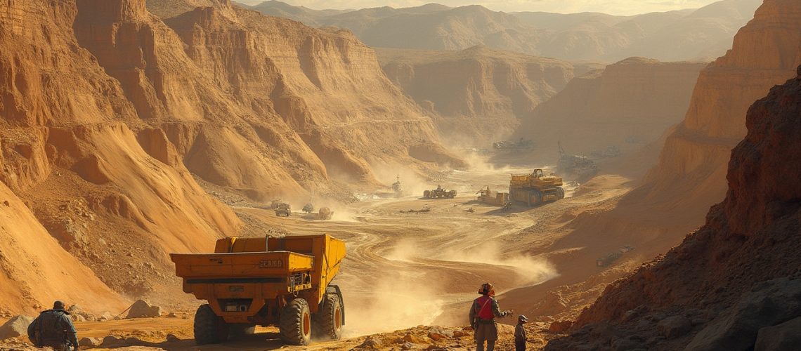 Desert landscape with heavy machinery and workers in a vast canyon excavating site.