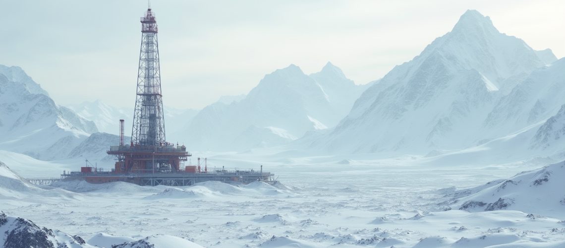 Oil rig stands amidst snowy mountains under a cloudy sky.