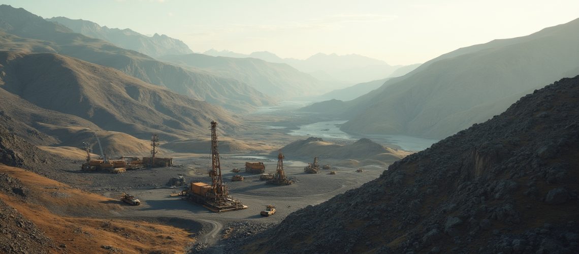 Mountainous landscape with oil rigs and machinery under a hazy sky.