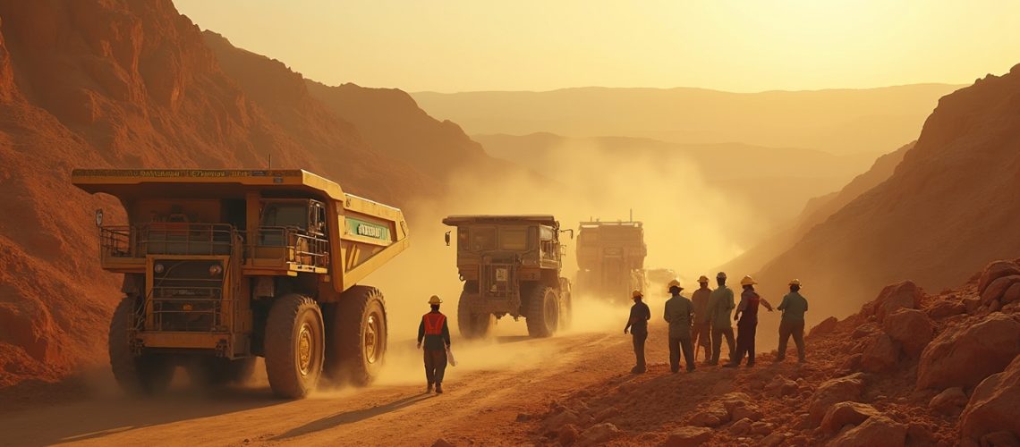 Mining trucks drive through dusty canyon under the setting sun, with workers observing from the side.