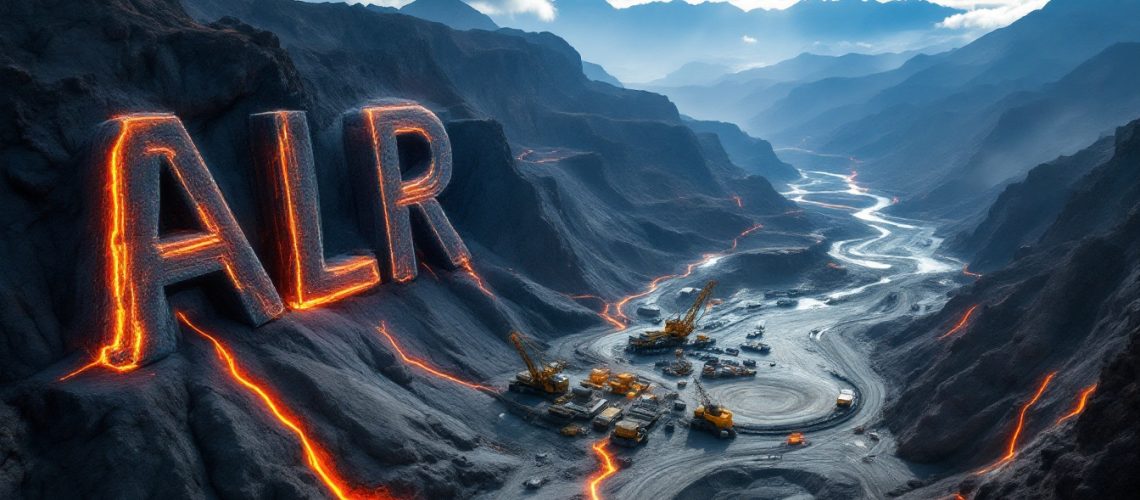 Altair Minerals Ltd-ALR-Mountainous terrain with "ALR" in glowing lava, construction vehicles below, under cloudy skies.