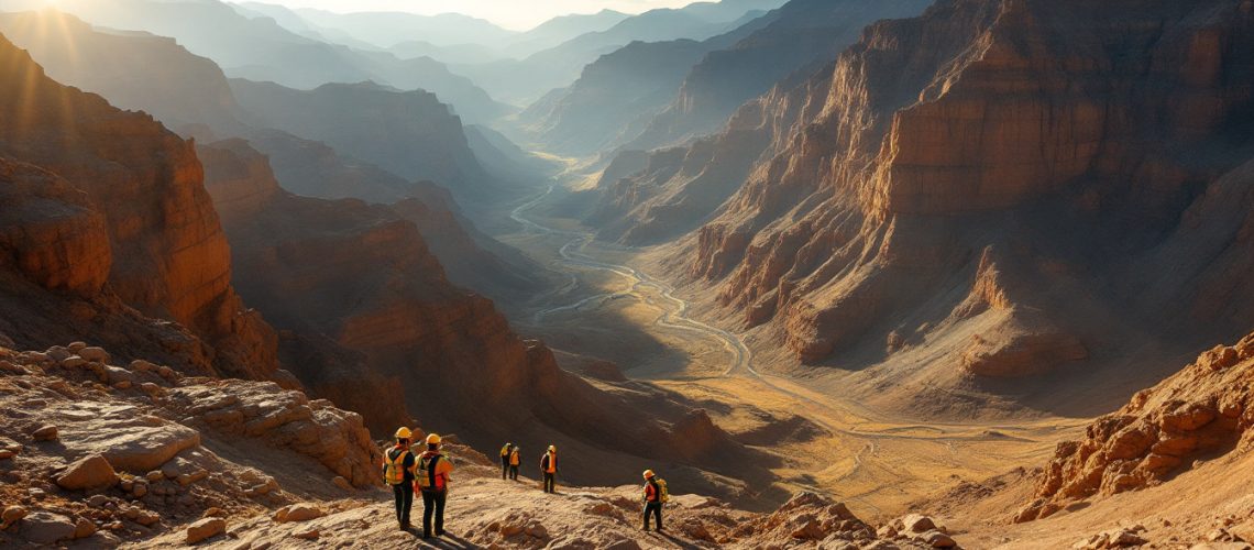 Altair Minerals Ltd-ALR-Hikers in bright gear explore a vast, sunlit canyon with winding riverbed.