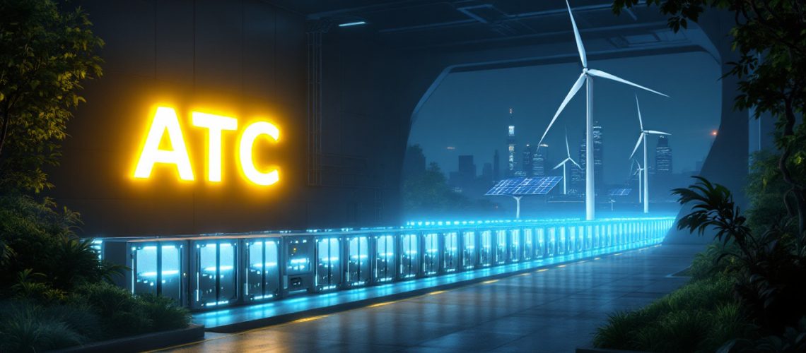 Altech Batteries Ltd-ATC-Blue-lit cityscape with wind turbines, solar panels, and glowing "ATC" sign.