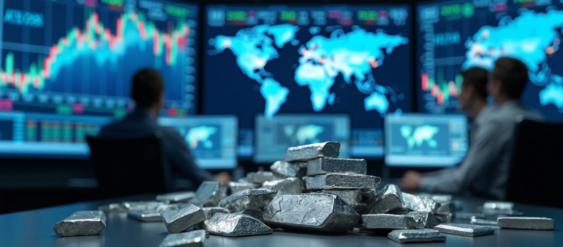 Silver bars on a table with stock market screens in the background.