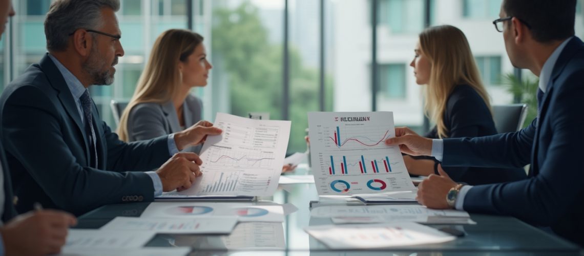 Business meeting with people discussing charts and graphs around a table in a modern office.