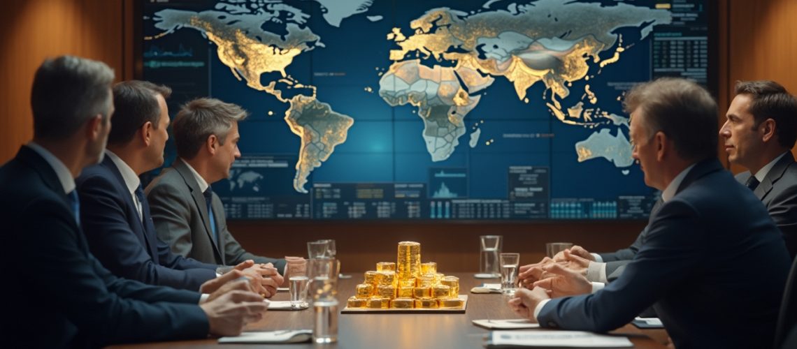 Business meeting with map and gold bars on table.