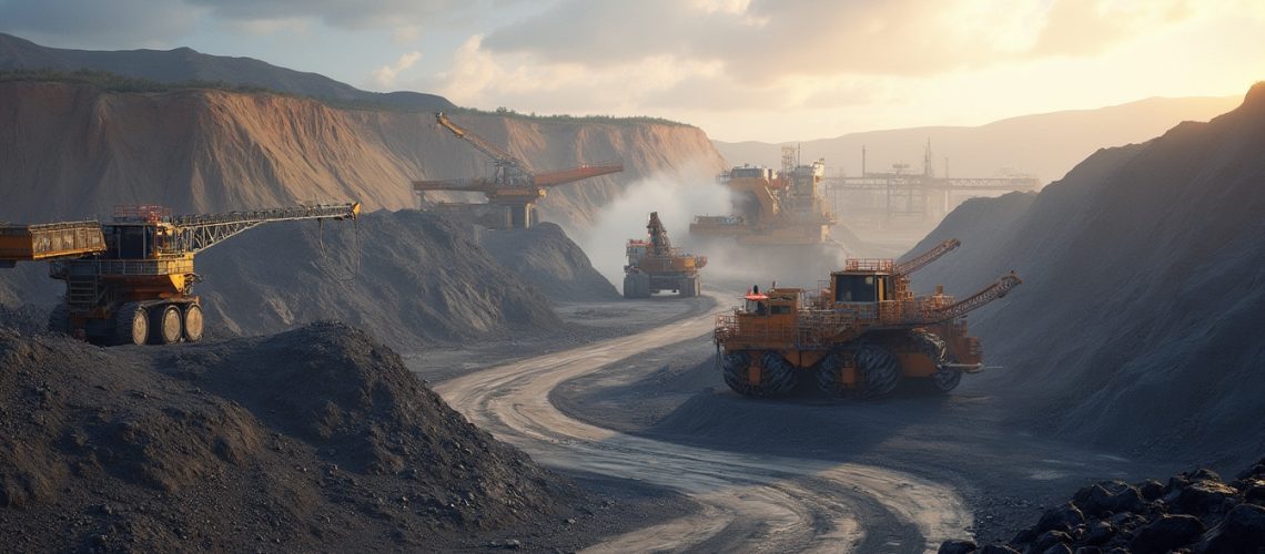 Mining site with large excavation equipment and dust clouds at sunset.