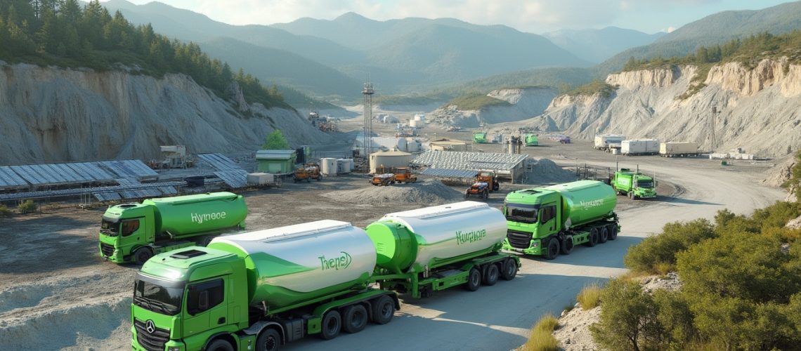 Green hydrogen trucks in a quarry with mountains in the background.