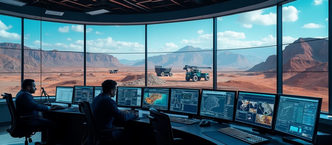 Control room overlooking desert landscape with trucks, with two people working on multiple screens.