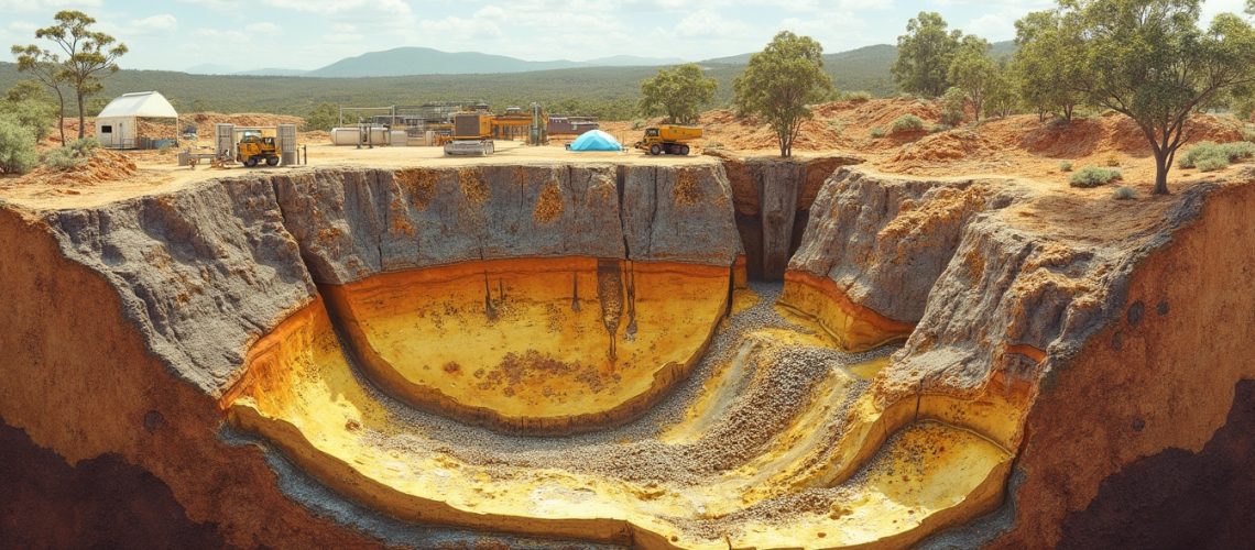 An open pit mine with yellow rock layers, surrounded by equipment and trees under a blue sky.