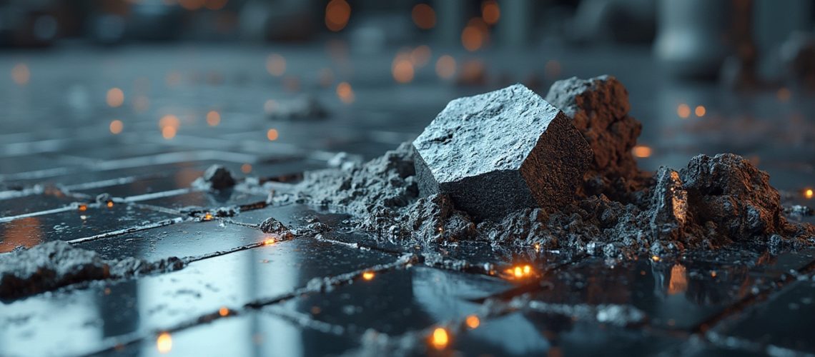 Rubble on a wet tiled floor with glowing orange lights in the background.