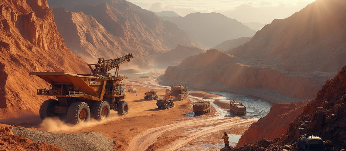 Large mining trucks operate in a rugged, sunlit desert landscape, with mountains in the background.