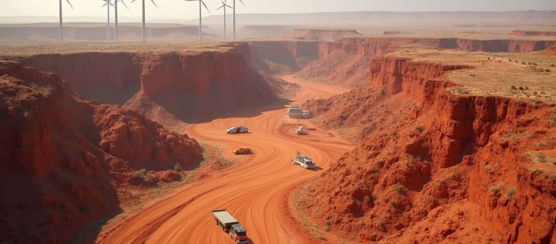 Red canyon landscape with vehicles on winding dirt road, wind turbines visible in the background.