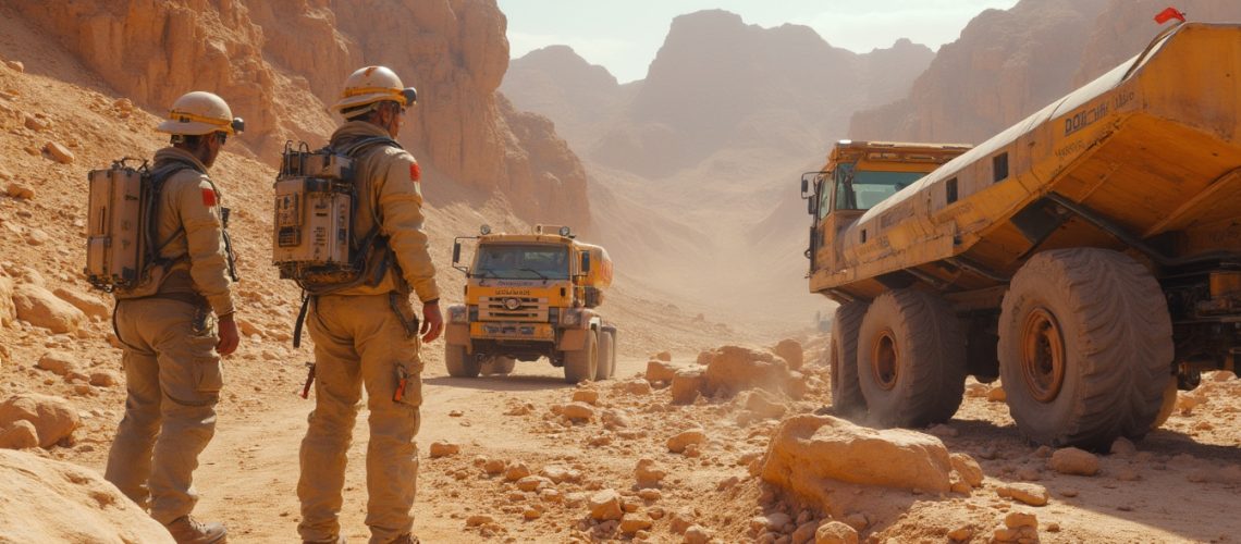 Two people in desert gear stand near large off-road vehicles in a rocky, canyon-like landscape.