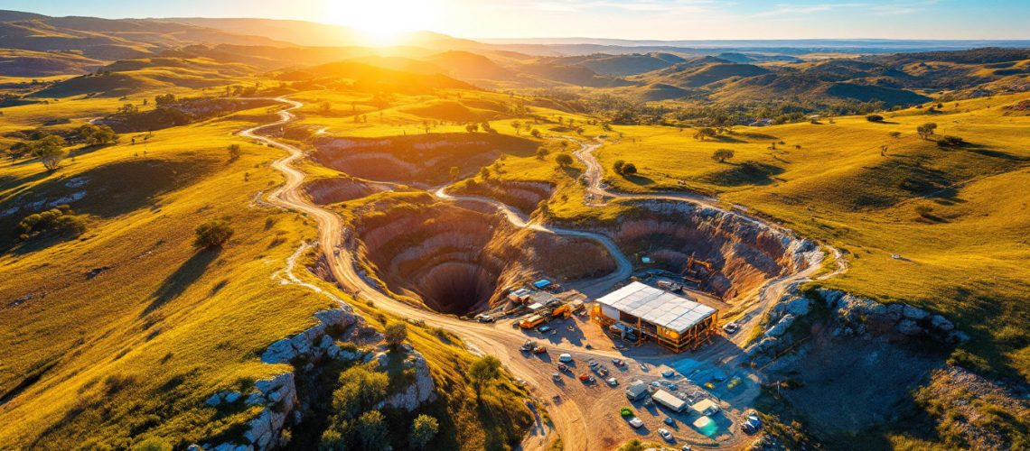 Argent Minerals Ltd-ARD-Sunlit countryside landscape with a large open-pit excavation and a few scattered structures.