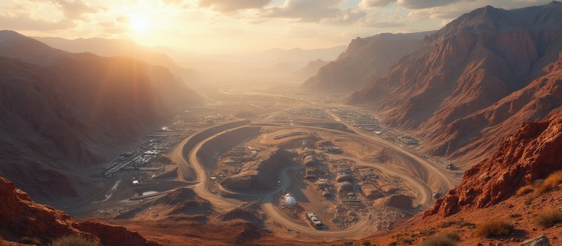 Sunset over a winding desert road through a canyon, surrounded by rugged red mountains.