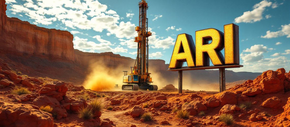 Arika Resources Ltd-ARI-Desert landscape with a drilling rig and large "ARI" sign under a blue sky with clouds.