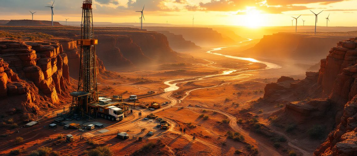 Aruma Resources Ltd-AAJ-Sunset over desert with wind turbines and an oil rig near rocky cliffs and a winding river.