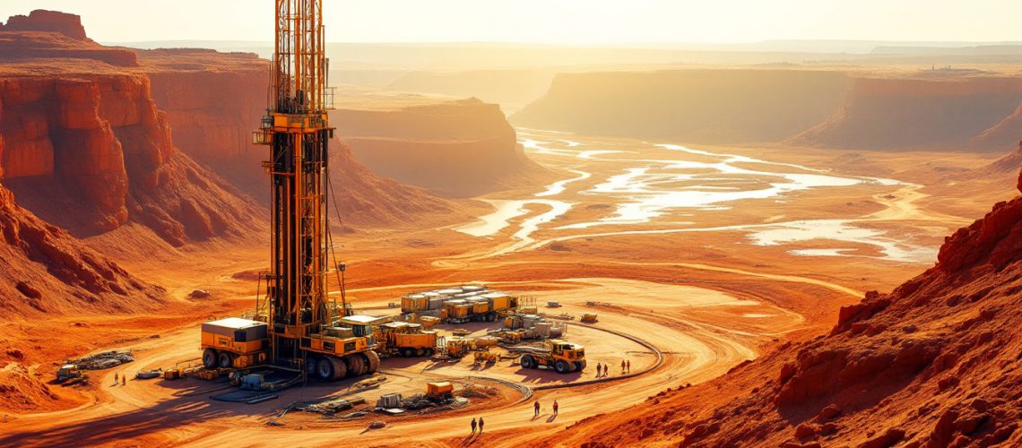 Askari Metals Ltd-AS2-Desert landscape with a tall oil drilling rig and scattered equipment under the warm, golden sunlight.