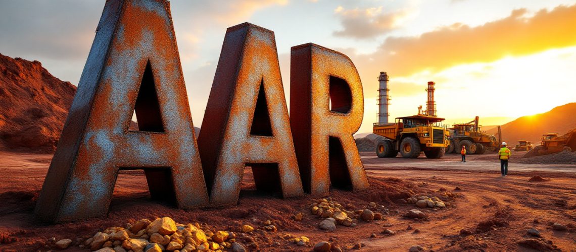 Astral Resources NL-AAR-Rusty "AAR" letters in a construction site at sunset with machinery and workers in the background.