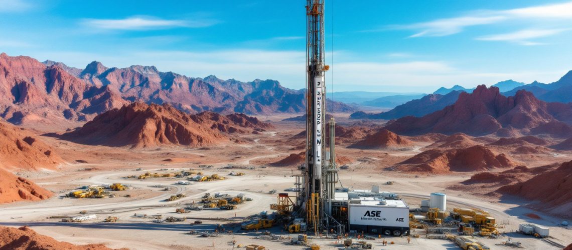 Astute Metals NL-ASE-Drilling rig in a desert landscape with red mountains under a clear blue sky.