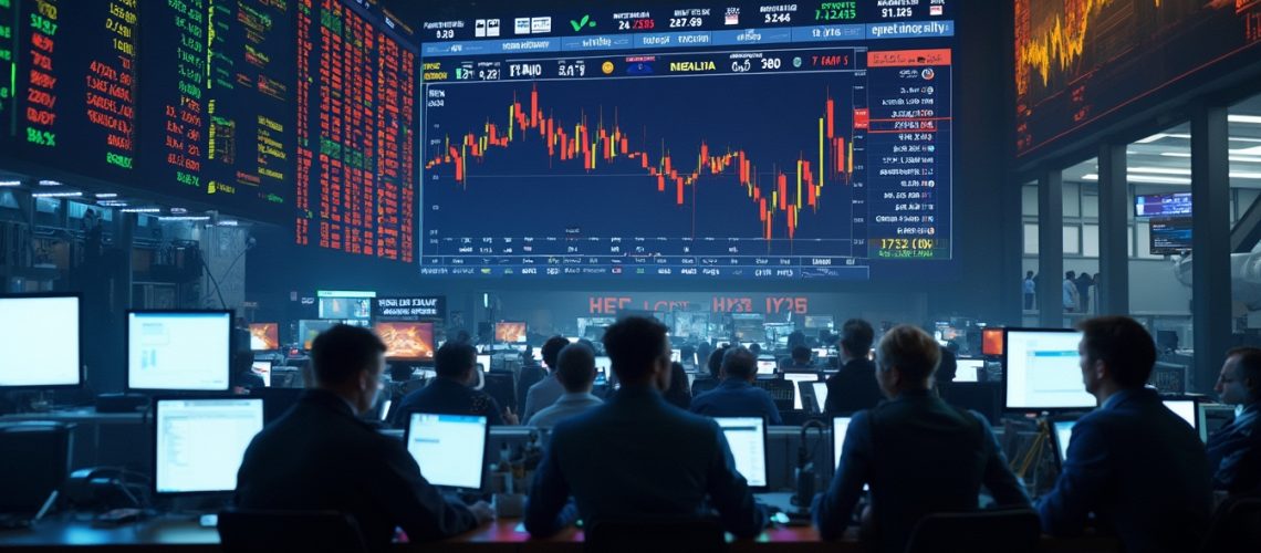 Stock market analysts working in a large, busy trading room with multiple screens and charts.