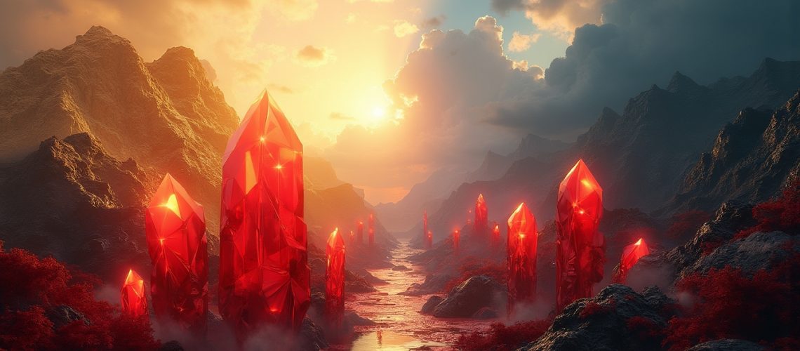 Futuristic red crystals landscape, sunset view.