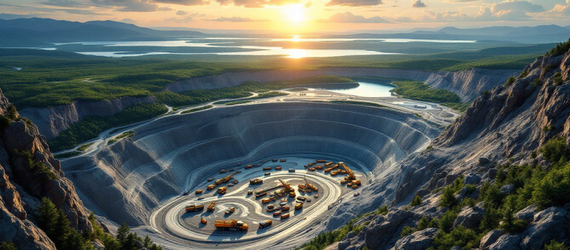 Open-pit mine at sunset, surrounded by lush forests and lakes with vehicles inside the excavation.