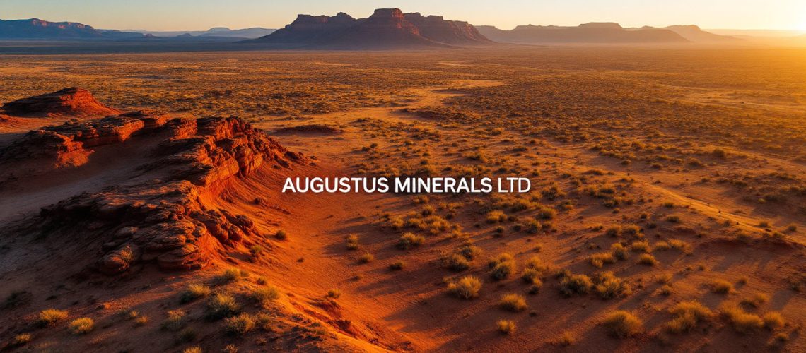 Augustus Minerals Ltd-AUG-Sunset over desert landscape with mesas, "AUGUSTUS MINERALS LTD" text in center.