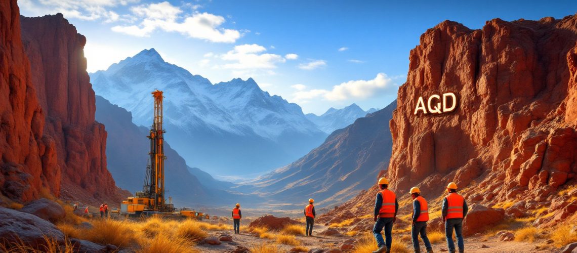 Ausquest Ltd-AQD-Workers in a canyon with a drilling rig and snowy mountains in the background.