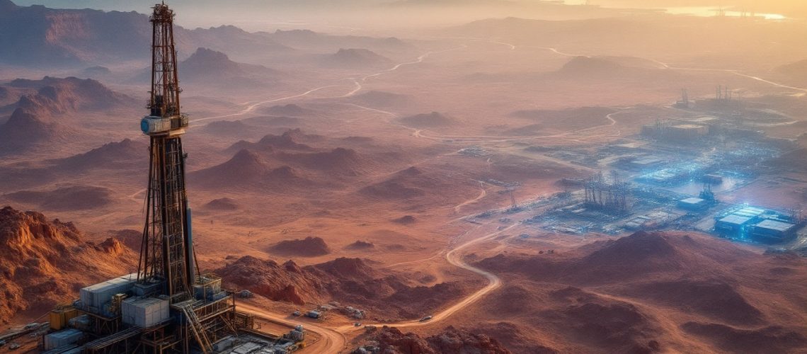 Ausquest Ltd-AQD-Aerial view of drilling rig in a vast desert landscape under a hazy orange sky.