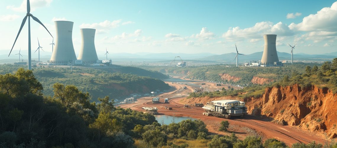 Landscape with wind turbines, cooling towers, excavators, red earth, and green vegetation under blue sky.