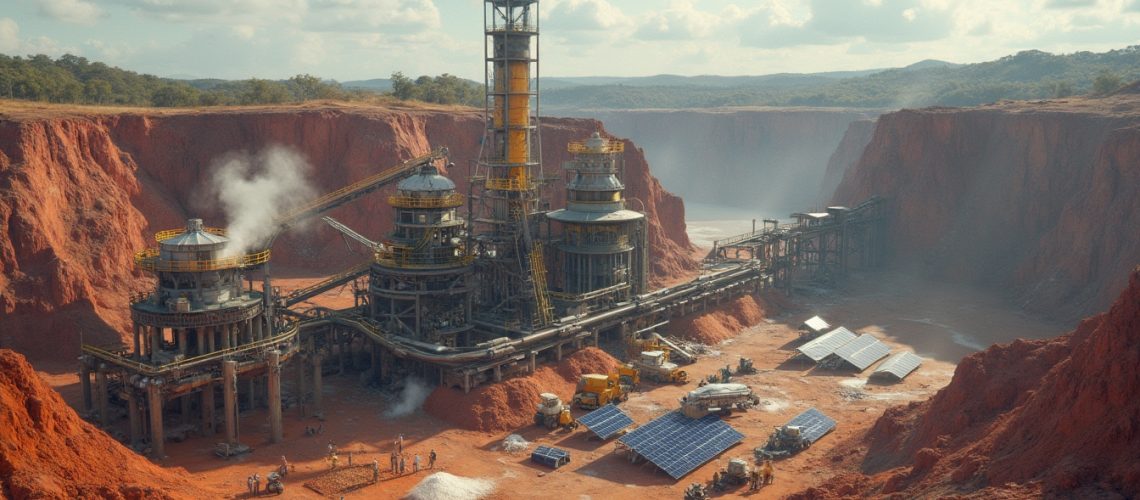 Industrial mining facility in a red canyon, with solar panels and machinery scattered around.