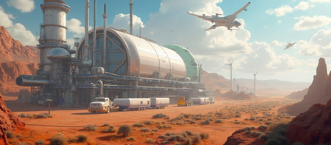 Futuristic desert outpost with wind turbines and flying ships under a cloudy sky.