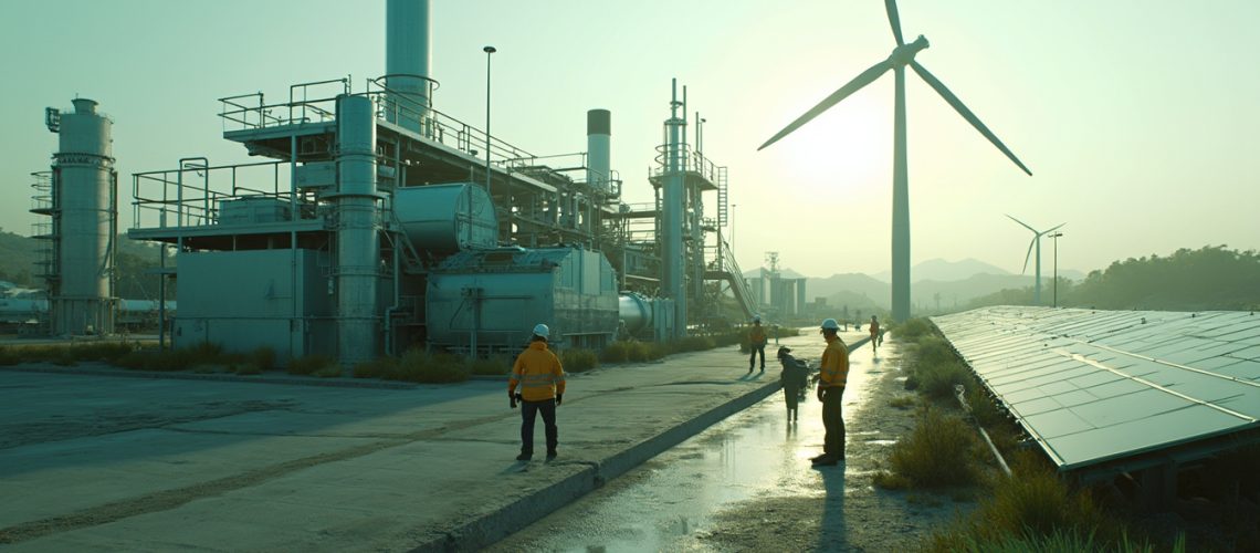 Industrial site with wind turbines and solar panels, workers in orange vests, mountains in background.