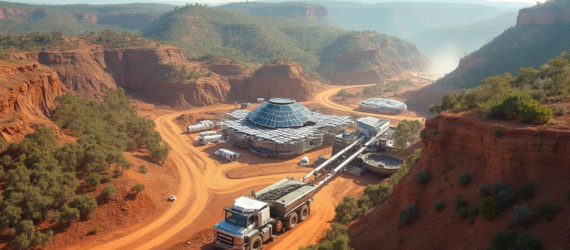 Futuristic facility in a red desert canyon with greenery and a large truck on a dirt road.