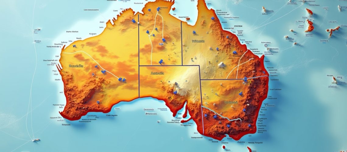 Colorful topographical map of Australia, highlighting terrain elevation and surrounding islands.