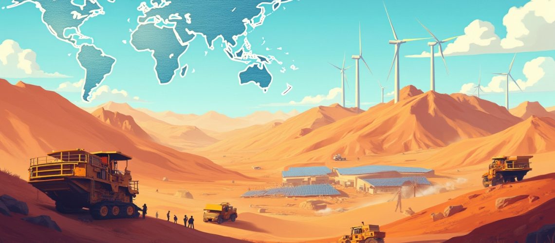 Desert landscape with trucks, solar panels, wind turbines, and a world map overlay.