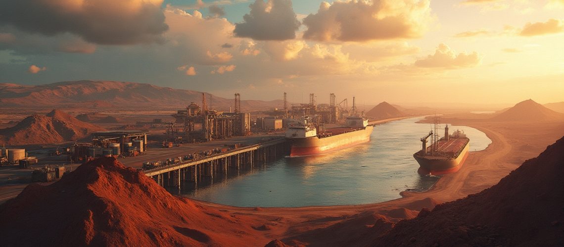 Two cargo ships docked at an industrial port under a cloudy sunset sky.