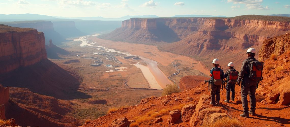 Three hikers in helmets admire a vast canyon landscape under a clear sky.